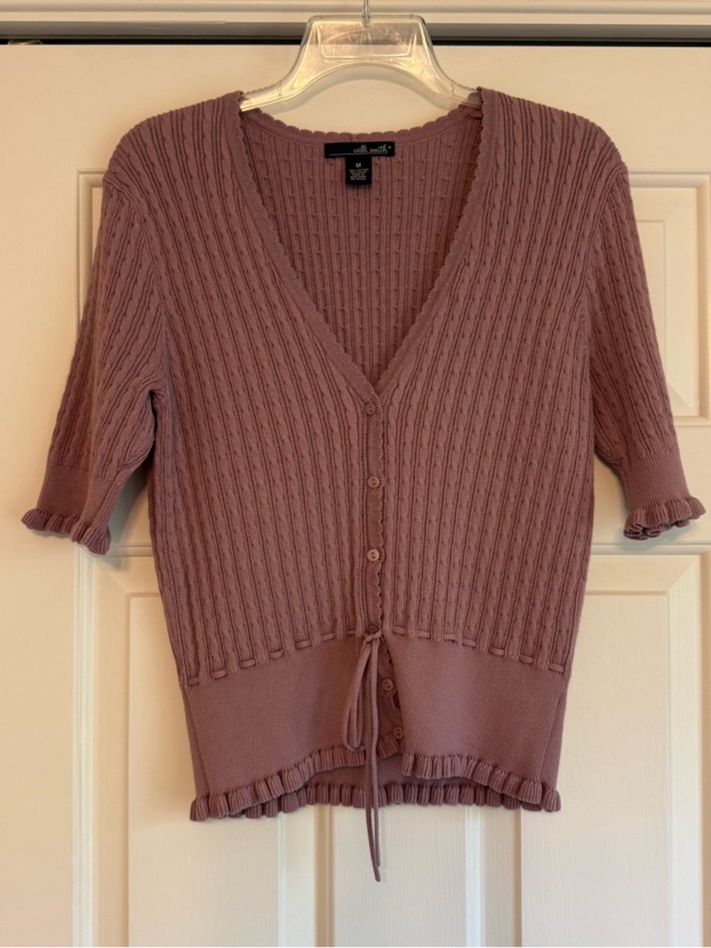 Willi Smith Women’s Cable Knit V-Neck Button Sweater Short Sleeve Dusty Rose M
